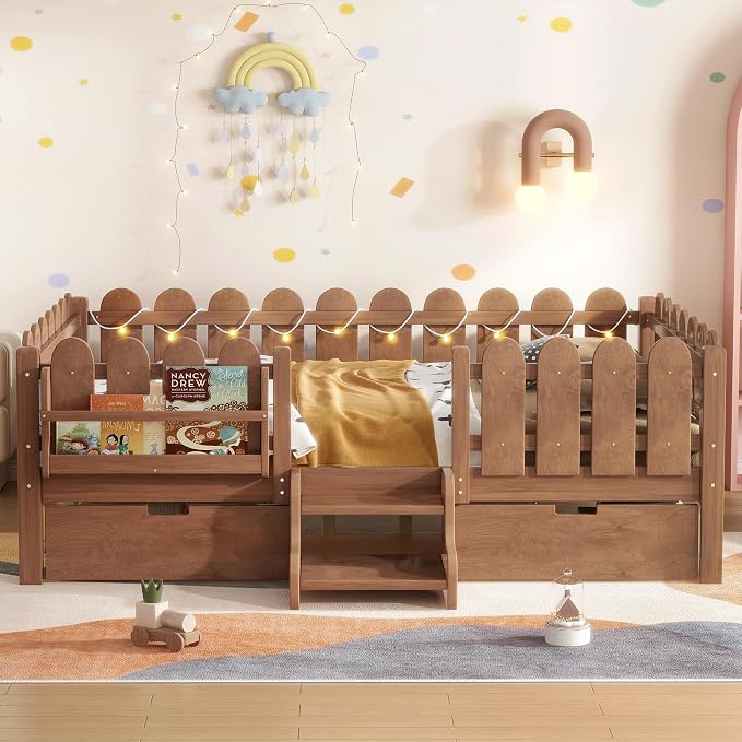 Bellemave Full Size Montessori Bed with Stairs, Lights, Rails and Slats, Full Size Montessori Floor Bed with Bookshelf and 2 Storage Drawers, Easy Assemble Beds Frame for Girls, Boys, Natural