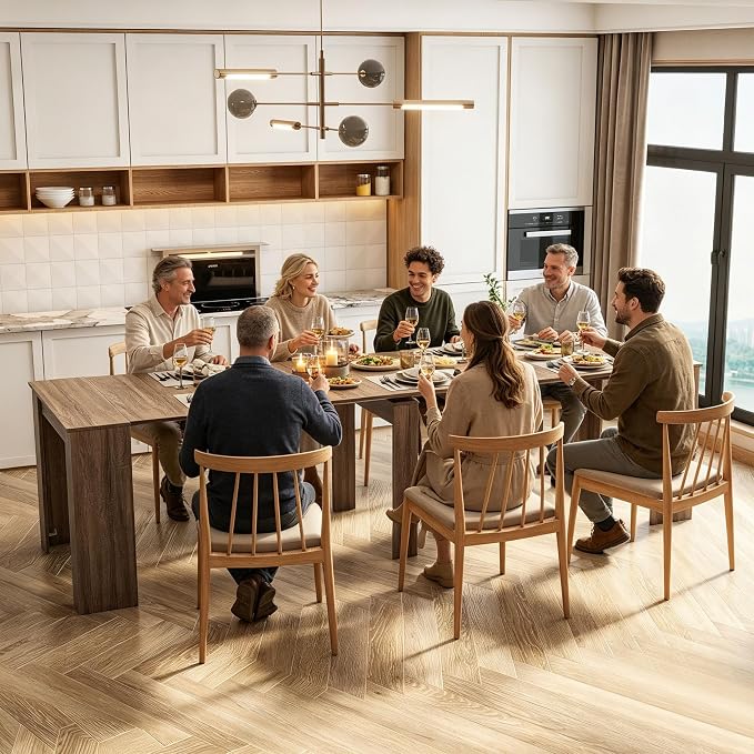 Expandable Dining Room Table, Extendable Table for 10-12 People, Folding Console Table, Space Saving Kitchen Table for Apartment, Wood Grain Gray