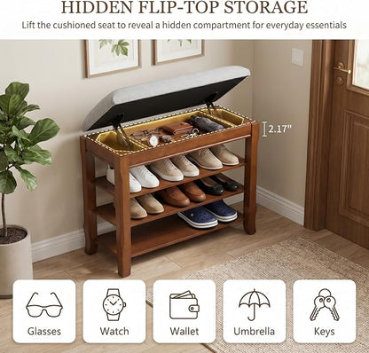 Solid Wood Shoe Bench with Storage, Flip-Top Soft-Close Lid, Adjustable Shelves, Cushioned Entryway Shoe Rack Organizer, 23.6"