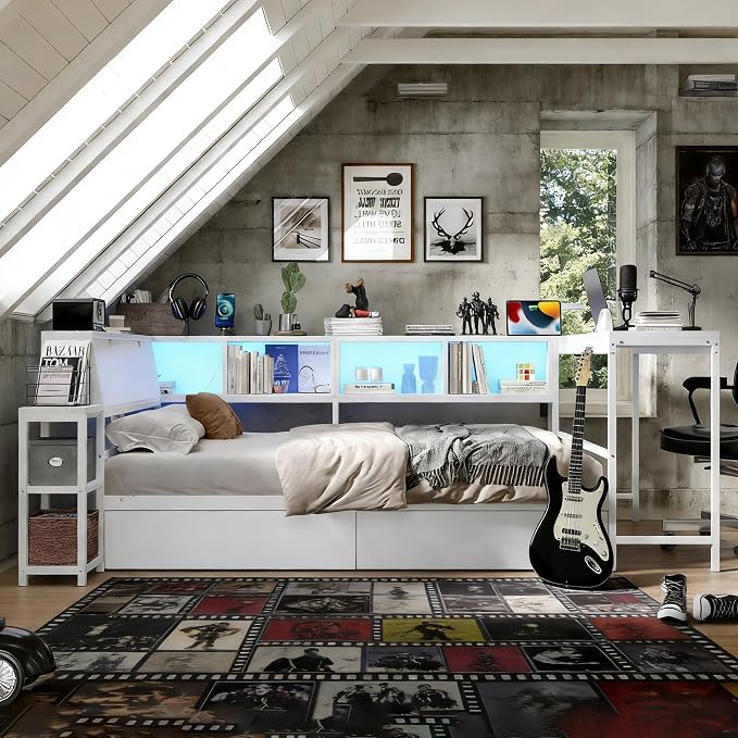 Bellemave Twin Size Corner Bed Frame with Storage Drawers, Bookcase and Side Desk, Twin Corner Bed with Light and Charging Station, Daybed for Bedroom, Living Room, Guest Room White