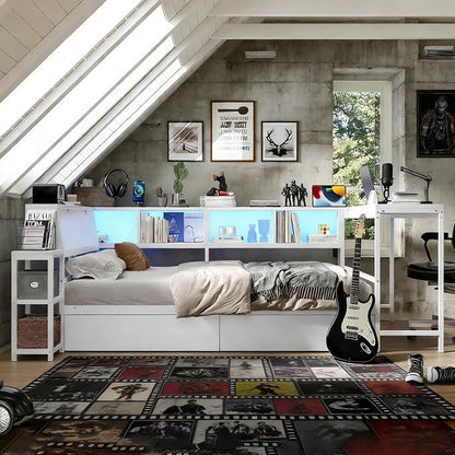 Bellemave Twin Size Corner Bed Frame with Storage Drawers, Bookcase and Side Desk, Twin Corner Bed with Light and Charging Station, Daybed for Bedroom, Living Room, Guest Room White