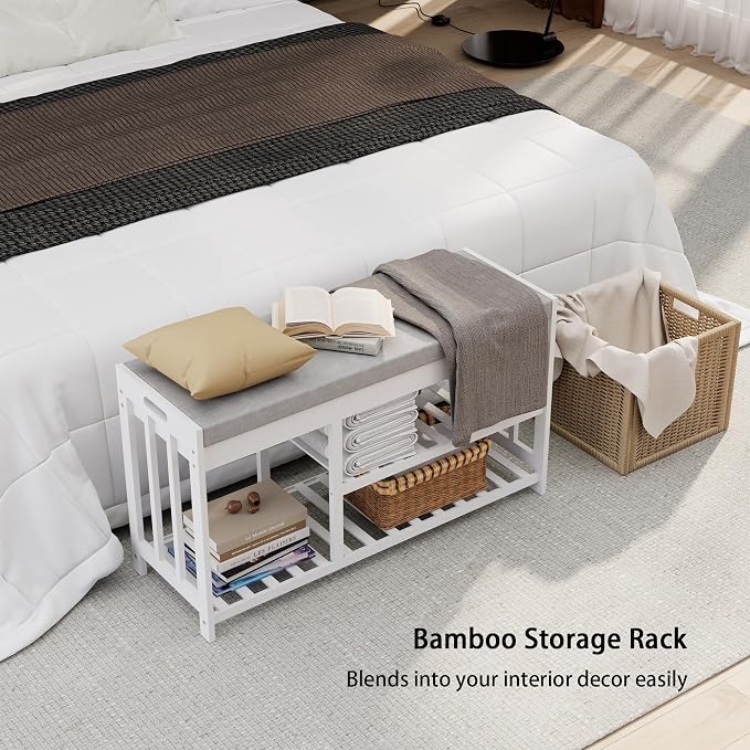 APRTAT 3-Tier Bamboo Shoe Rack Bench, Shoe Storage Organizer Bench, Entryway Benchs, Shoes Rack for Front Door Entrance, Entryway Bathroom Bedroom (White, Large)