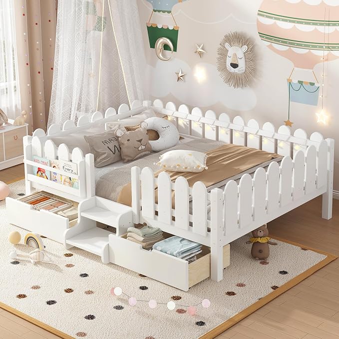 Bellemave Queen Size Montessori Bed with Stairs, Lights, Rails and Slats, Queen Size Montessori Floor Bed with Bookshelf and 2 Storage Drawers, Easy Assemble Beds Frame for Girls, Boys, White
