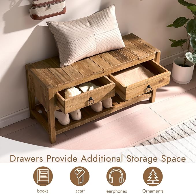 Wnutress 31.3" Reclaimed Solid Wood Benches with 2 Drawers & Slatted Storage Shelf, Rustic Farmhouse Long Entryway Bench Seat for Indoor, End of Bed, Living Room, Hallway, Natural Finsh