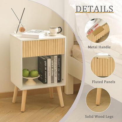 Fultyle Night Stand with Charger Station, Modern Wood Nightstand with Drawer and Outlet, Fluted Bedside Table End Table with Solid Wood Legs for Bedroom, Living Room, Office (White Oak)
