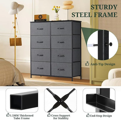 8-Drawer Dresser for Bedroom, Anti-Tip Tall Storage Organizer Chest of Drawers with Wooden Top and Metal Frame Fabric Bins for Closet, Living Room, Hallway, Entryway, Gray