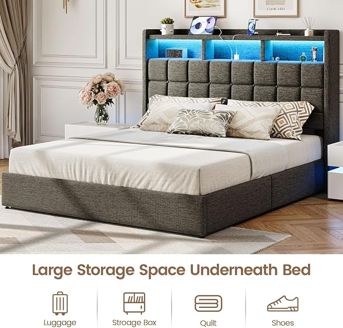 Driftalia Lift Up King Size Bed Frame with Storage, Upholstered King Bed Frame with Charging Station and LED Lights Headboard, No Box Spring Needed, Easy Assembly - Dark Grey