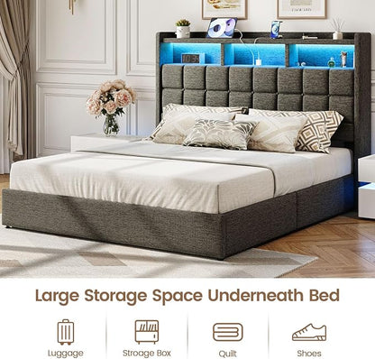 Driftalia Lift Up King Size Bed Frame with Storage, Upholstered King Bed Frame with Charging Station and LED Lights Headboard, No Box Spring Needed, Easy Assembly - Dark Grey