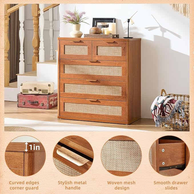 LEYAOYAO Rattan Dresser for Bedroom, 33.5" Tall Chest of Drawers, Modern 5 Drawers Boho Dressers with Storage, Vintage Brown Dresser Wooden Closet Organizer for Living Room, Hallway