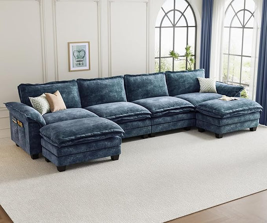 KKL U-Shaped Modular Sectional Sofa, 6 Seater Cloud Couch with Ottoman, Chenille Sectional Couches for Living Room, Apartment, Blue