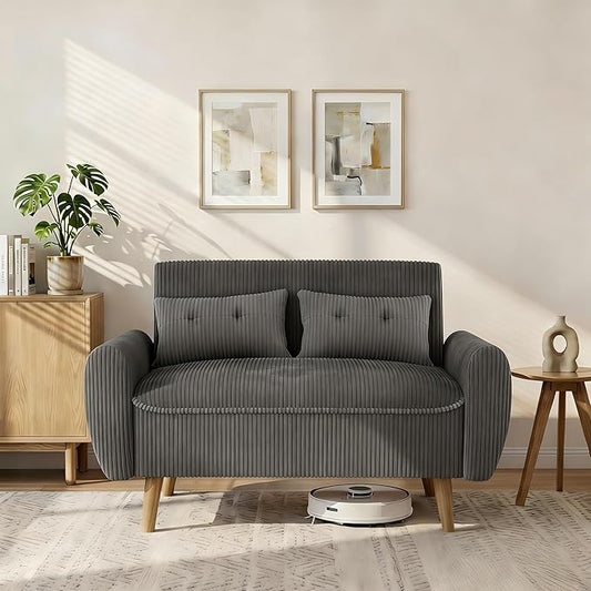 Shintenchi 48'' Loveseat Sofa, Mid-Century Modern Upholstered Couch Deep Seat with 2 Pillows, 10" Thick Cushion with Spring, Solid Wood Frame Small Couch for Living Room, Dorms & Office, Dark Grey