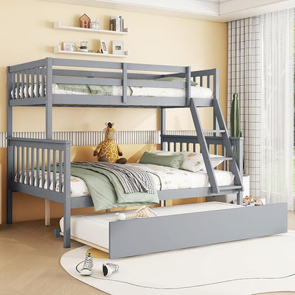 Harper & Bright Designs Convertible Wood Twin-Over-Full Bunk Bed with Trundle and Ladder - Can Be Divided Into Two Platform Beds, Grey