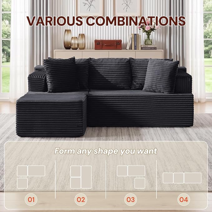Korser Boneless Couches for Living Room, Cloud Couch Sectional with Ottoman, L-Shaped Sofa with Fluffy Comfy Corduroy Deep Seat, Bedroom, Apartment, No Assembly Required
