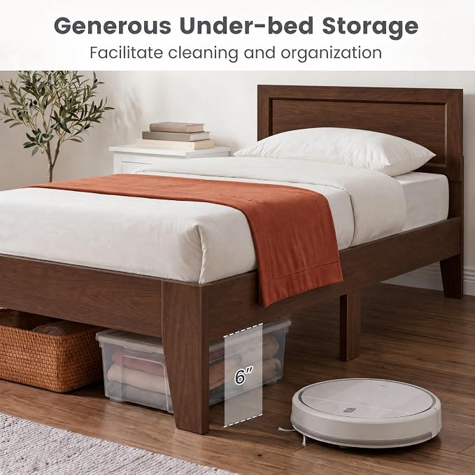 Giantex Twin Size Wooden Bed Frame with Headboard, Wood Slat Support | Modern Platform Bed with Heavy Duty Mattress Foundation, Under-Bed Storage, No Box Spring Needed, Easy Assembly (Walnut)
