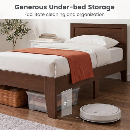 Giantex Twin Size Wooden Bed Frame with Headboard, Wood Slat Support | Modern Platform Bed with Heavy Duty Mattress Foundation, Under-Bed Storage, No Box Spring Needed, Easy Assembly (Walnut)