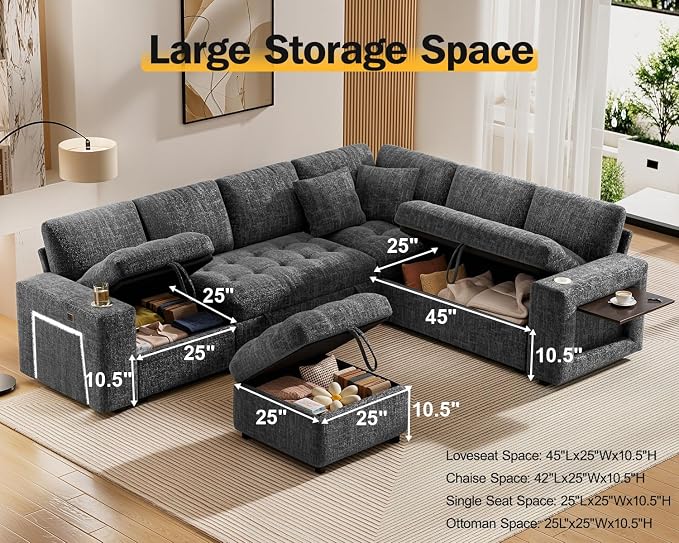 Vipbear 111" Modular Sectional Sleeper Sofa with Pull Out Bed, 7 Seat Chenille L Shaped Couch with Storage Ottoman|USB Ports|Cup Holders|Side Table|LED Light, Tool Free Assembly, Grey