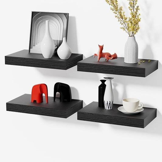 Floating Shelves for Wall-11.8 Inch Wall Shelves for Bedroom,Living Room,Bathroom,Home & Wall Decor with Invisible Brackets(Black,4 Pack)