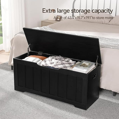 VANKILEY 43.3" Storage Chest Extra Large,Storage Trunk with 2 Safety Hinges,Wooden Storage Bench,Shoe Bench,43.3x15.7x19.1 Inch,Easy Assembly,Storage Bench for Bedroom,Living Room,entryway(Black).
