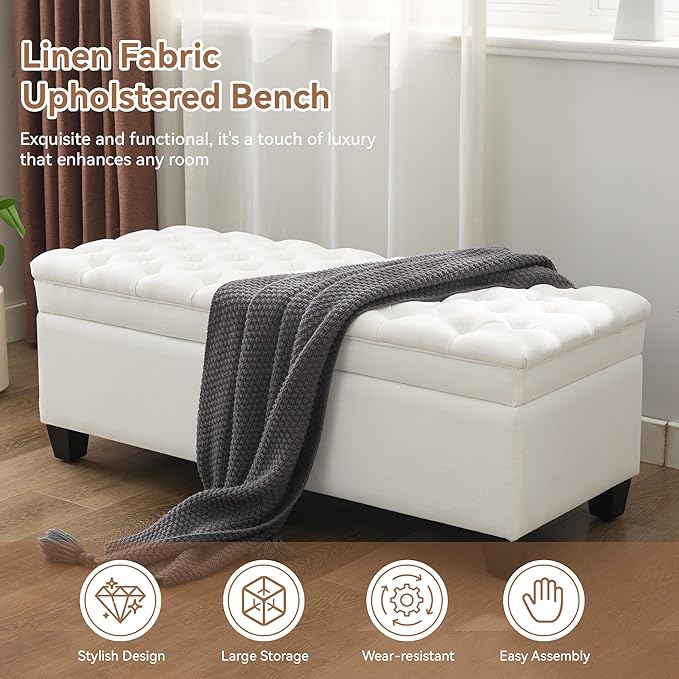 WUTUTUEE 51" Fabric Storage Ottoman Bench, Upholstered Rectangle End of Bed Storage Ottoman Tufted Living Room Bedroom Bench with Safety Hinge, Solid Wood Legs, Loads 500 lb(Beige)