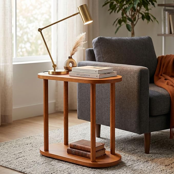 Oval Solid Wood Narrow Side Table, Slim End Table, Small Coffee Table (Chestnut, Large)