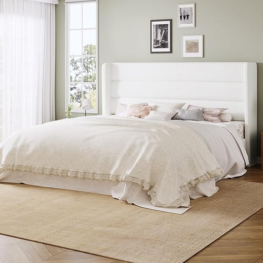 Allewie Queen Size Platform Bed Frame with Velvet Upholstered Wingback Headboard, No Box Spring Needed, Under Bed Storage Space, Strong Wooden Slats, Modern Mattress Foundation, Easy Assembly, White