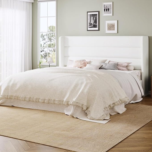 Allewie King Size Platform Bed Frame with Velvet Upholstered Wingback Headboard, No Box Spring Needed, Under Bed Storage Space, Strong Wooden Slats, Modern Mattress Foundation, Easy Assembly, White