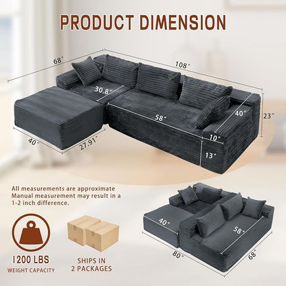 Korser 108" L-Shaped Modular Sectional Sofa with Chaise, Boneless Comfy Corduroy Fluffy Couch with Deep Seat and Side Pockets, Flexible Module Combination for Living Room, No Assembly, Side Pockets