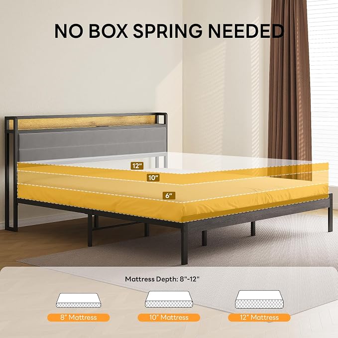 LIKIMIO California King Bed Frame with Storage Headboard & LED Lights, Metal Platform Bed with Charging Station, Noise Free, No Box Spring Needed, Under Bed Storage, Charcoal Gray