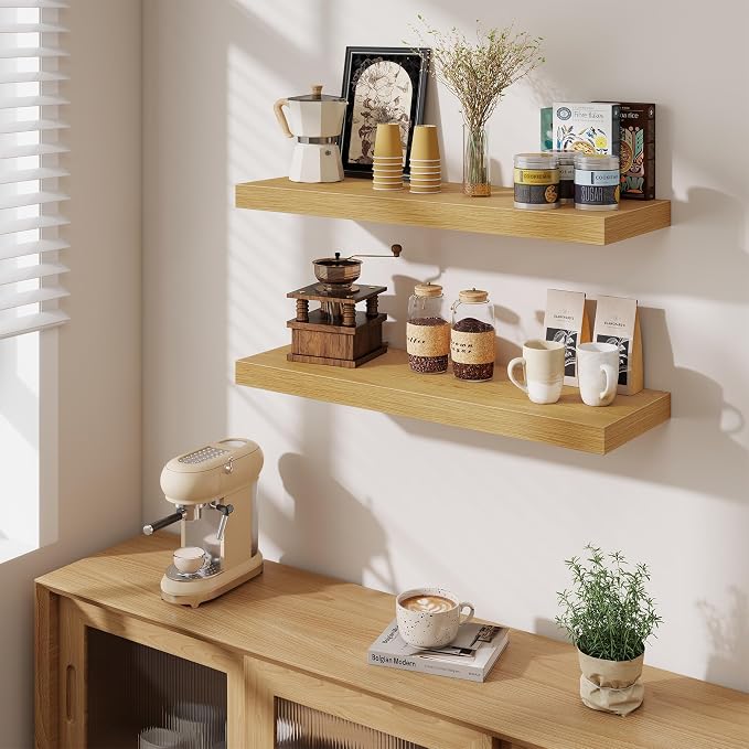 Fun Memories 32 x 10 Floating Shelves Wall-Mounted - Rustic Wood Shelf - 10 Inch Deep Floating Shelves for Wall - Large Storage Shelf for Bathroom - Kitchen & Bedroom - Oak - Set of 3