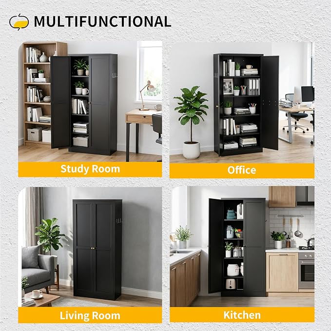 Metal Pantry Cabinet, 61" Kitchen Pantry Storage Cabinets with 2 Door and 4 Adjustable Shelves, Utility Metal Storage Cabinet for Home, Living Room, Pantry (Black)