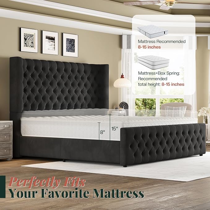 Jocisland Queen Size Upholstered Bed Frame with 6.3-Inch Curved Wingback Headboard, Tufted Footboard, Wood Slats, No Box Spring Needed, Black Velvet
