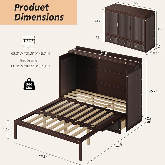 Bellemave Queen Murphy Bed with Charging Station and Storage, Farmhouse Murphy bedframe with Foldable Panel, Noisy Free, for Guest Bedroom, Living Room, Coffee