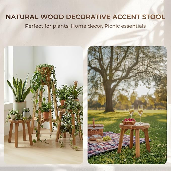ARROWSTONE Wooden Round Stool 12 inches with Handle Hole – Solid Wood for Bathroom, Kitchen, Patio, Makeup stools & Indoor uses, Compact & Water-Resistant