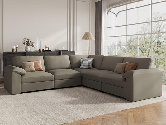 EASE MOOSE Oversized Corner Modular Sectional Sofa, Faux Leather Sectional Sofa with Deep Seat, Scratch Resistant Faux Leather Material, Extra Large L Shaped Couch, Light Grey