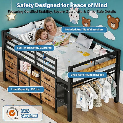 Einhomn Twin Low Loft Bed with 8 Drawers, Bookshelf, Heavy Duty Metal Kids Loft Bed with 13 Inch Safety Guardrail, Play Curtain, Under-Bed Play Area - Rustic Brown