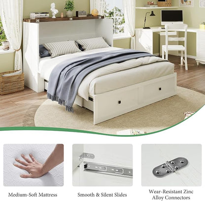 AMERLIFE Full Murphy Bed Cabinet with 6" Tri-Fold Memory Foam Mattress, Storage Drawer & Charging Station, Space-Saving Guest Bed for Home Office, Distressed White