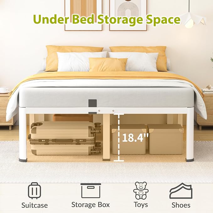 Superay 20 Inch Queen Size Metal Bed Frame with Round Corners, Storage Space Under High Bed Frame-Heavy Duty Steel Slats Support, Noise Free - Easy Assembly - No Box Spring Needed,White