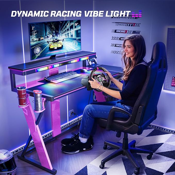 Bestier Computer Desk with Music Sync Light, Flow Vibe Corner Desk with Monitor Stand and PS5 Storage Shelves, Cup Holders, and Headset Hooks for Bedroom Small Space (Black Purple, 57 Inch)