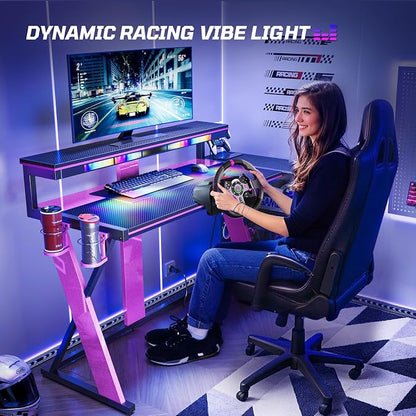 Bestier Computer Desk with Music Sync Light, Flow Vibe Corner Desk with Monitor Stand and PS5 Storage Shelves, Cup Holders, and Headset Hooks for Bedroom Small Space (Black Purple, 57 Inch)