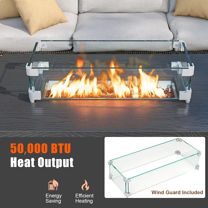 Tangkula Outdoor Propane Fire Pit Table, 42 Inch Rectangular Rattan Fire Table with Wind Guard & Glass Rocks, 50,000 BTU Smokeless Gas Fire Pit for Outside Patio (Black)
