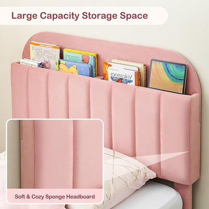 GarveeHome Full Bed Frame with Storage Headboard, Velvet Upholstered Platform Bedframe for Kids, Girl Bed, Strong Wooden Slats, Noise-Free, Easy Assembly, No Box Spring Needed, Pink