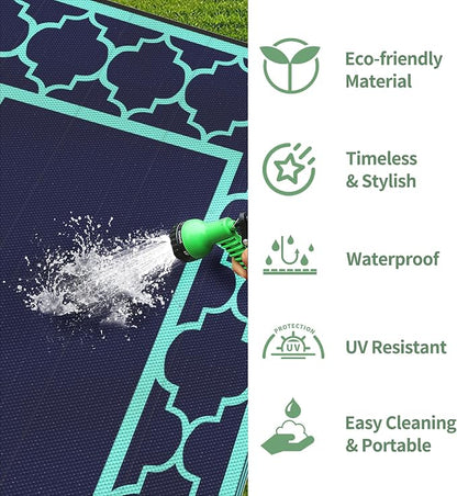 GENIMO 9 ' x 12 ' Outdoor Rug for Patio, Waterproof Indoor Outdoor Plastic Straw Rugs Carpet, Reversible Outside Area Mat for Camping, Balcony Porch, Deck, Picnic, Beach Navy Blue & Jade Green