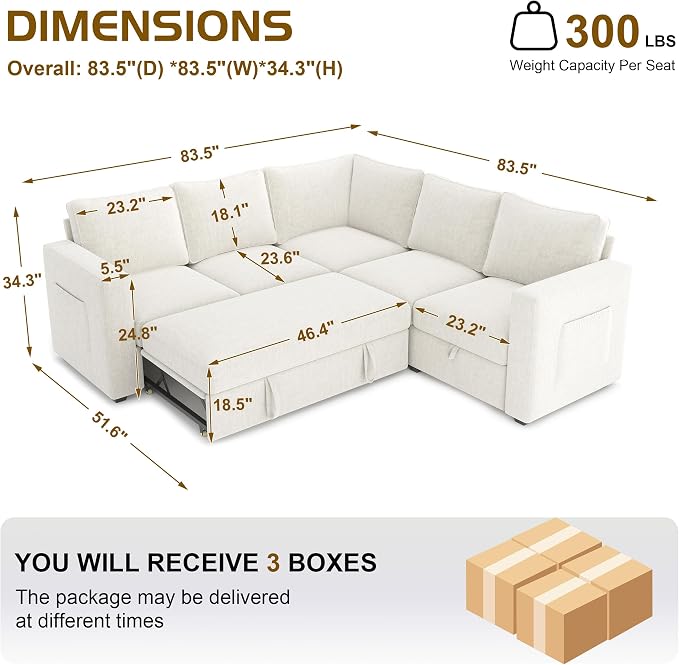 83.5" Sectional Sleeper Sofa with Pull Out Couch, Modern 5 Seat L Shaped Modular Couch, Sectionals Modular Sofa with Storage, Comfy Sectional Couches for Living Room & Apartment,Light Beige