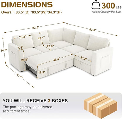 83.5" Sectional Sleeper Sofa with Pull Out Couch, Modern 5 Seat L Shaped Modular Couch, Sectionals Modular Sofa with Storage, Comfy Sectional Couches for Living Room & Apartment,Light Beige