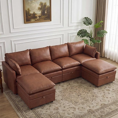 105" Brown Faux Leather Storage 4 Seater Sofa with 2 Ottomans, Comfy Couch | Convertible Modular Sectional Sofa, U Shaped Oversized Couch, Upholstered Large Cloud Couch For Living Room, Apartment.