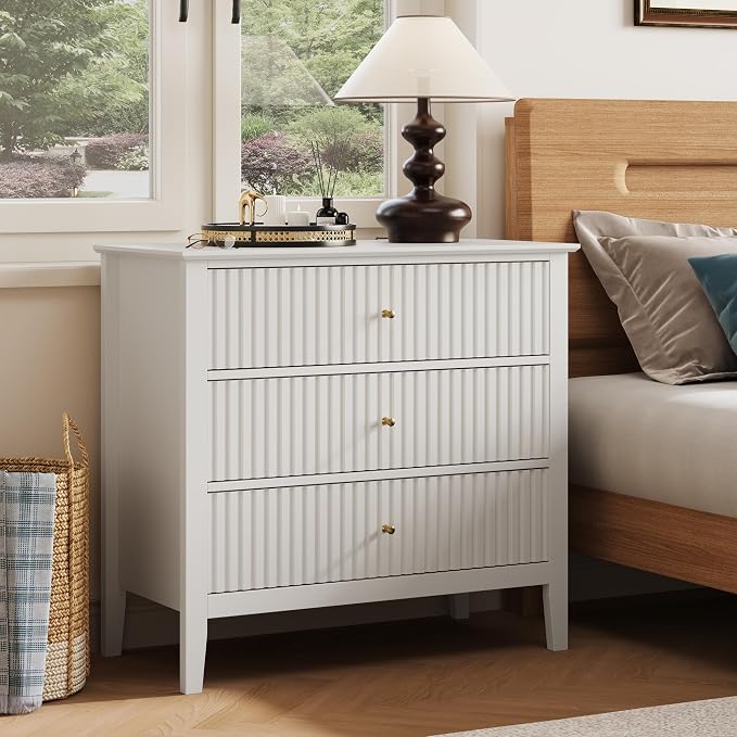RoyalCraft 32" Large Nightstand Set of 2, Fluted Painted Bedside Table with 3 Spacious Drawers, Modern Tall End Table for Bedroom, White