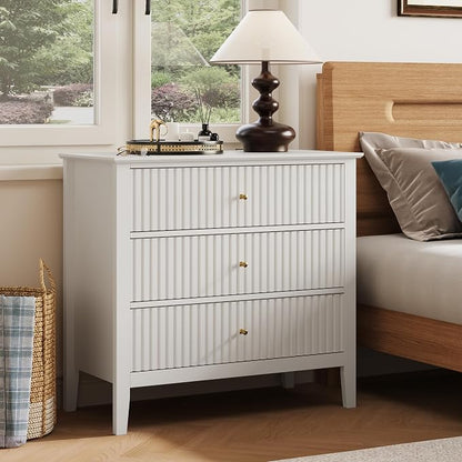 RoyalCraft 32" Large Nightstand Set of 2, Fluted Painted Bedside Table with 3 Spacious Drawers, Modern Tall End Table for Bedroom, White