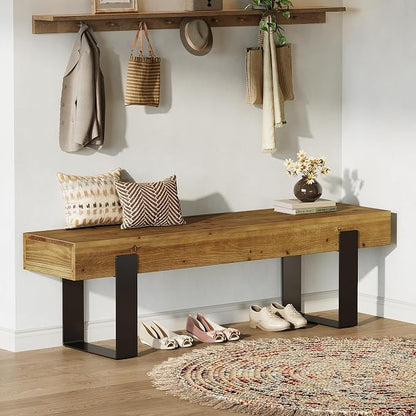 Solid Wooden Entryway Bench, 63" Farmhouse Indoor Shoe Bench with Metal Legs, Industrial Long End of Bed Stool with Seating for Entry, Hallway, Porch, Living Room, Mudroom, Easy Assembly