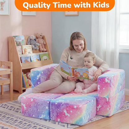 MeMoreCool Glow in the Dark Kids Couch – Modular Fold-Out Toddler Sofa (Rainbow) | Convertible Play Couch for Bedroom & Playroom; Chair, Bed, Fort or Ball Pit; Machine-Washable Velour Cover
