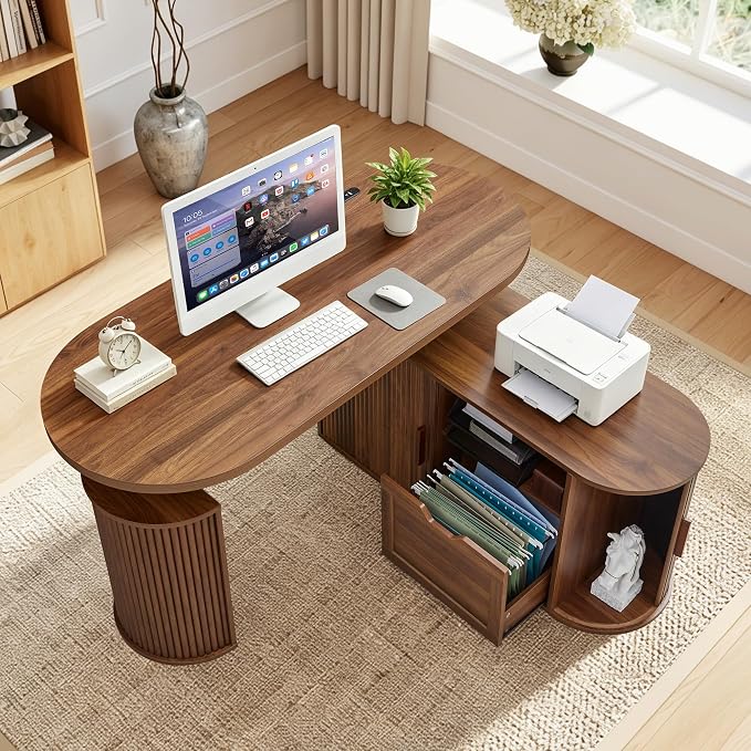 55" L Shaped Standing Desk with Storage, Oval Electric Desk Height Adjustable Executive Desk with File Drawer, Fluted Wood Desk Office Sit Stand up Desk for Work, Study, Writing, Walnut